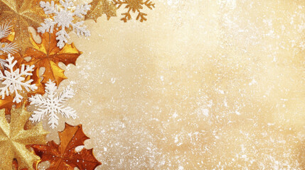 Golden and silver snowflakes with autumn leaves on textured background evoke festive atmosphere