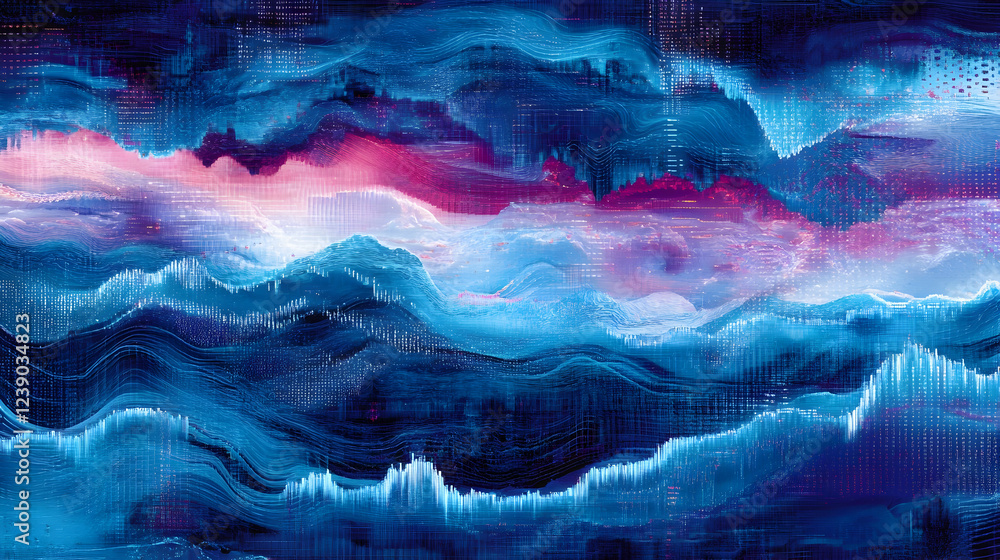 Aufkleber a high-tech digital landscape with layered waveforms in deep blue and neon teal, accented by glitch 