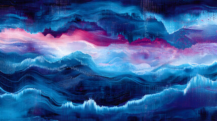 A high-tech digital landscape with layered waveforms in deep blue and neon teal, accented by glitch effects and floating binary particles