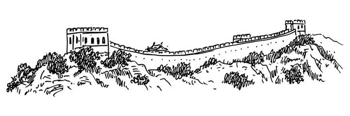 Fototapeta premium great wall of china with watchtowers on hilly terrain, vector silhouette for engraving 