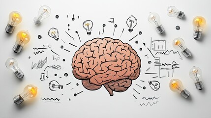 A hand-drawn brain surrounded by light bulbs and zigzag lines on a clean white background, symbolizing innovation and creativity.