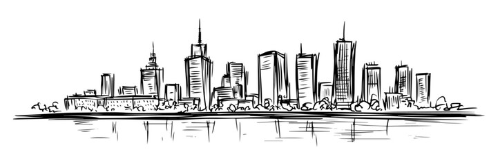 Obraz premium modern city skyline with skyscrapers and reflections, vector silhouette for engraving 