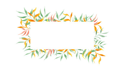 Delicate pastel colored foliage horizontal frame isolated background. Watercolor leaves template with empty for text. Summer floral illustration for package design, kid birthday invitation