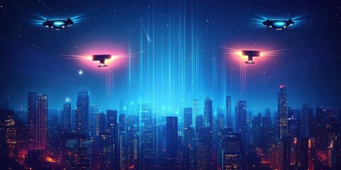 Fototapeta premium Futuristic Cityscape Drones Surveillance Technology