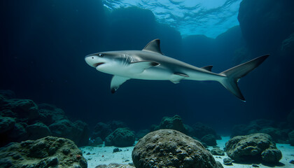 Fototapeta premium Shark swimming peacefully in clear ocean water
