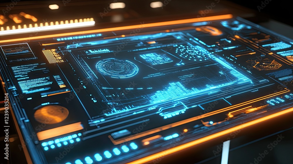 Poster a high-tech digital interface with glowing blue and orange data streams, showcasing futuristic analy
