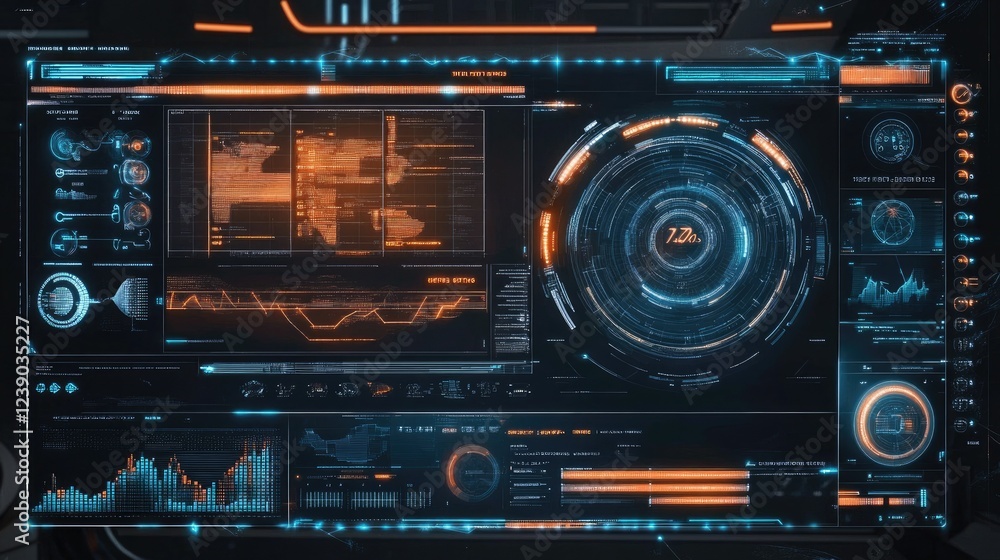 Poster a high-tech digital interface with glowing blue and orange data streams, showcasing futuristic analy
