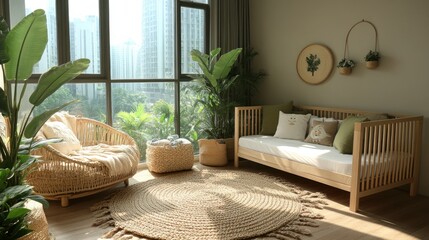 Modern nursery, city view, rattan furniture, sunlit room, serene design