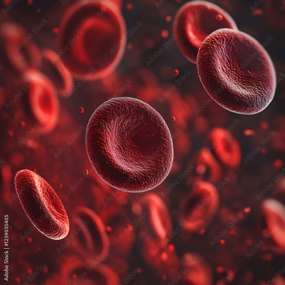 Poster red blood cells flowing in a microscopic view with a dark background and shallow depth of field