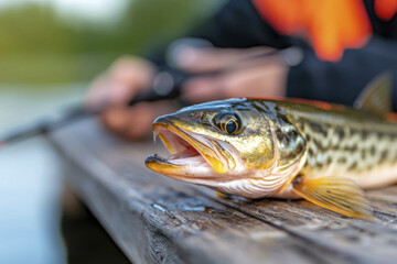 Freshly caught fish resting on wooden surface, showcasing vibrant colors and details. scene evokes sense of success in fishing