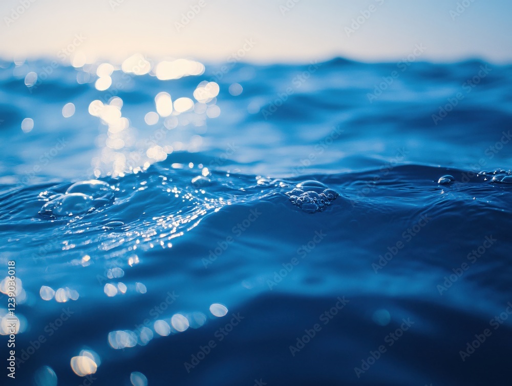 Poster close up view of ocean water with bubbles and sun light reflecting off the surface creating bokeh