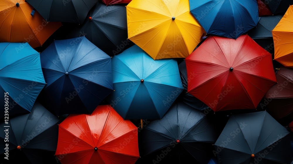 Poster an artistic capture of overlapping umbrellas in vivid colors creates a stunning visual experience, s