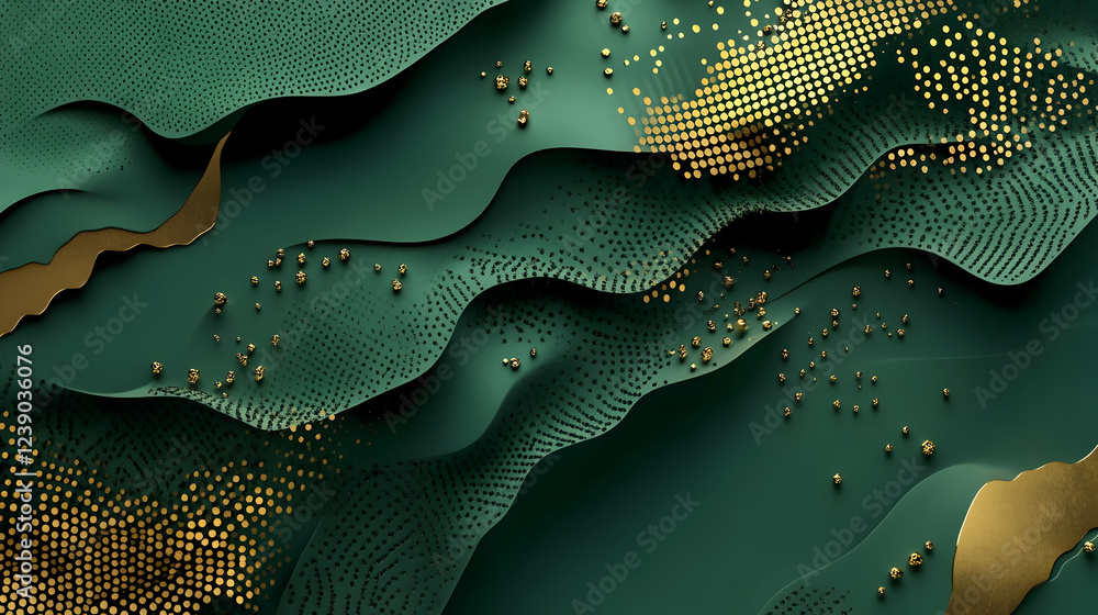 Aufkleber a modern 3d abstract design with a gradient of forest green and gold, featuring geometric patterns a