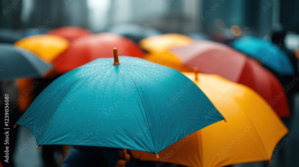 Poster a close-up view of vibrant umbrellas in the rain highlights the beauty of contrasting colors and tex