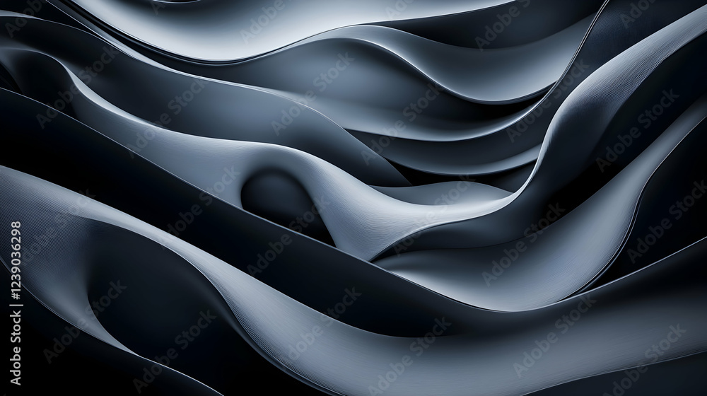 Poster a serene 3d abstract design with a dark gray canvas, featuring a gentle light gradient and smooth, o