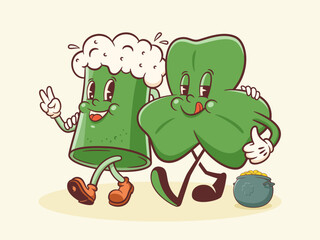 Saint Patrick Day Groovy Beer Tankard and Shamrock Retro Characters. Cartoon Green Ale Mug with Clover Trefoil. Vector Irish Spring Holiday Mascot Template. Happy Vintage Illustration. Isolated