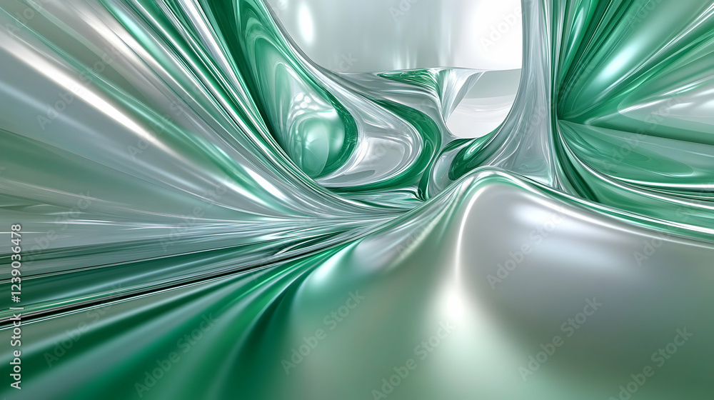 Poster a sleek 3d abstract background with a gradient of emerald green and silver, highlighted by smooth, r