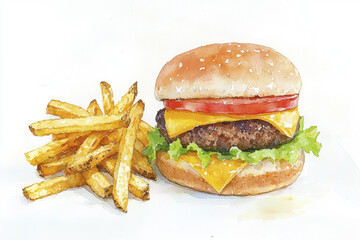 delicious watercolor illustration of cheeseburger with fries, showcasing vibrant colors and appetizing details