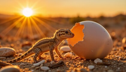 Obraz premium Hatchling lizard emerging from egg at sunset