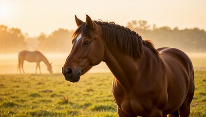 Fototapeta premium Brown horse grazing in sunny field