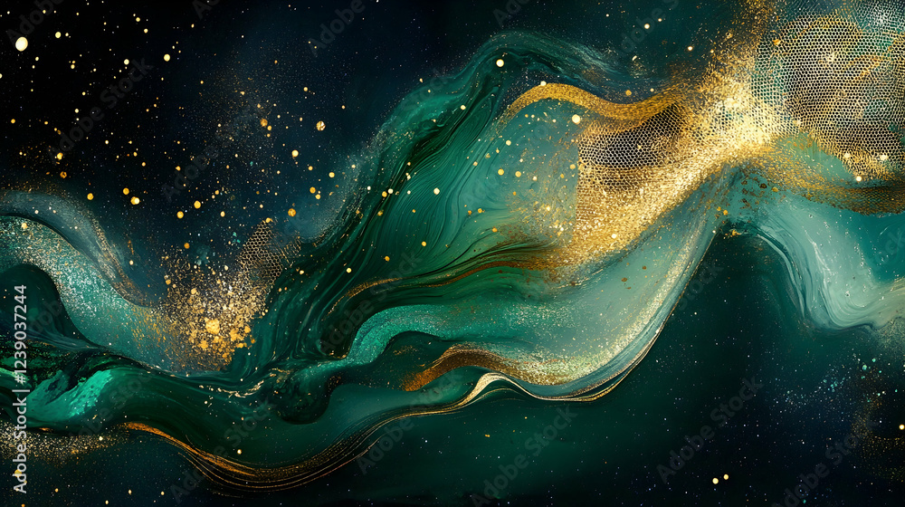 Wall mural a surreal abstract composition with liquid-like green and gold textures, overlaid with holographic m