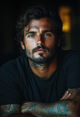 Fototapeta premium Stylish Young Man with Stubble in Black Jacket Seated in Dark Room with Chiaroscuro Lighting