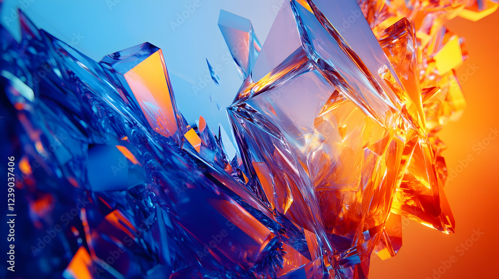 Aufkleber a vibrant 3d abstract artwork with a gradient of electric blue and orange, featuring sharp, angular 