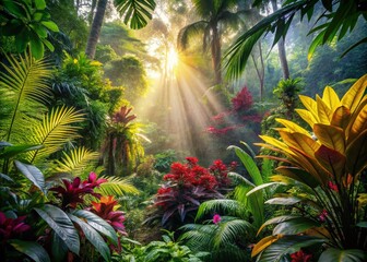 Obraz premium Lush Jungle Forest with Colorful Plants and Sun Rays Bokeh Effect Stock Photo