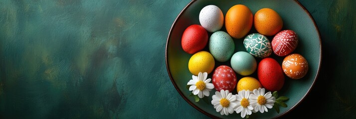Overhead shot of colorful Easter eggs arranged on a teal plate adorned with white daisies against a dark teal textured background. The eggs feature various patterns and speckled designs. A festive