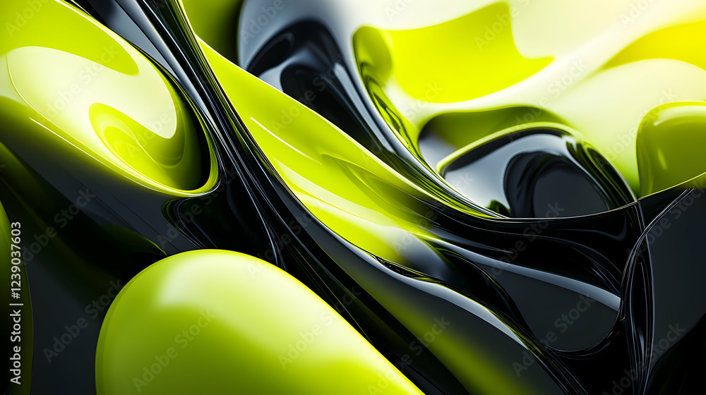 Poster a vibrant 3d abstract composition with a gradient of lime green and black, showcasing dynamic, layer
