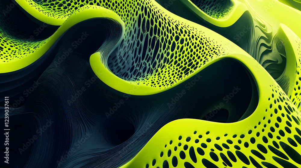 Poster a vibrant 3d abstract composition with a gradient of lime green and black, showcasing dynamic, layer
