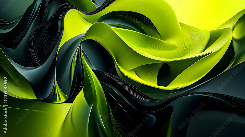 Poster a vibrant 3d abstract composition with a gradient of lime green and black, showcasing dynamic, layer