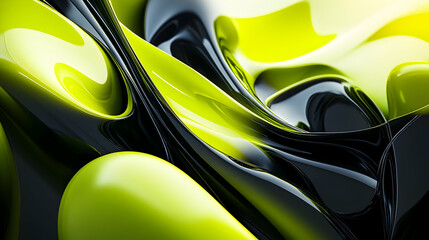 A vibrant 3D abstract composition with a gradient of lime green and black, showcasing dynamic, layered shapes