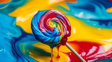A melted lollipop dripping vibrant liquid across a background