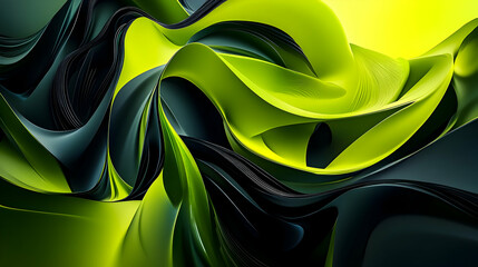 A vibrant 3D abstract composition with a gradient of lime green and black, showcasing dynamic, layered shapes