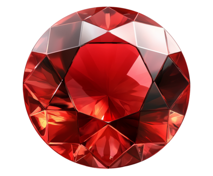Red gemstone with brilliant facets isolated on a PNG transparent background.