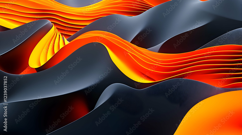 Poster a vibrant 3d abstract wave artwork with a gradient of neon orange and charcoal gray, highlighting sh