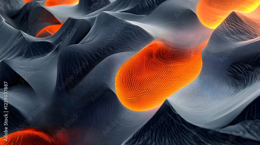Poster a vibrant 3d abstract wave artwork with a gradient of neon orange and charcoal gray, highlighting sh