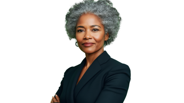 Confident senior businesswoman with folded arms on transparent background