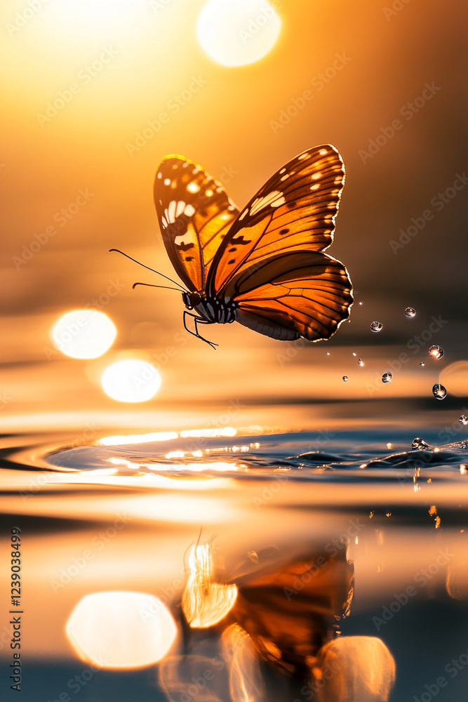 Poster a butterfly hovering above water with droplets splashing around it, captured in golden light, repres