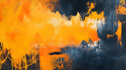 Abstract brush drags in saffron and slate, raw and expressive