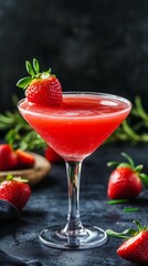 Fresh strawberry summer lemonade cocktail with ice and fruit  pieces. Modern aesthetic.