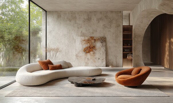 Minimalistic Luxury Living Room with Curved Sofa and Elegant Armchair in Natural Light