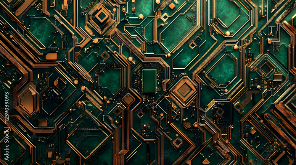 Poster abstract circuit lines in copper and emerald, tech-inspired and intricate
