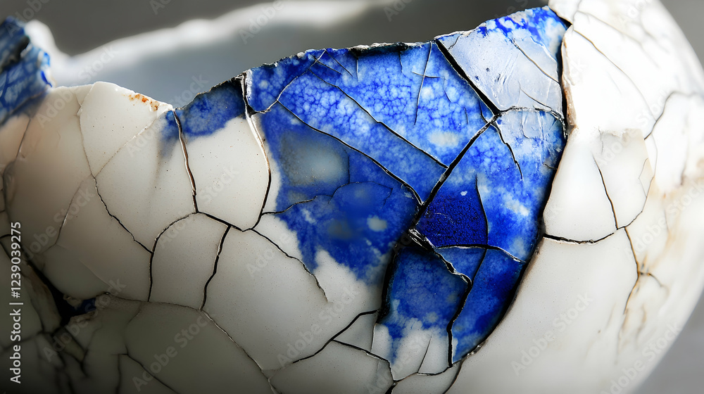 Poster abstract cracked porcelain in eggshell and cobalt, fragile and elegant