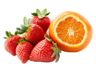 Fresh, ripe strawberries and a juicy orange half create a vibrant still life of colorful fruit, isolated on transparent background, PNG, cut out