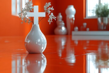 White vase holds flowers with a cross inside