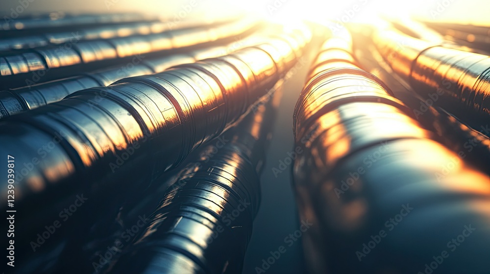Poster a sprawling network of pipelines shines under natural light, creating an intricate display of modern