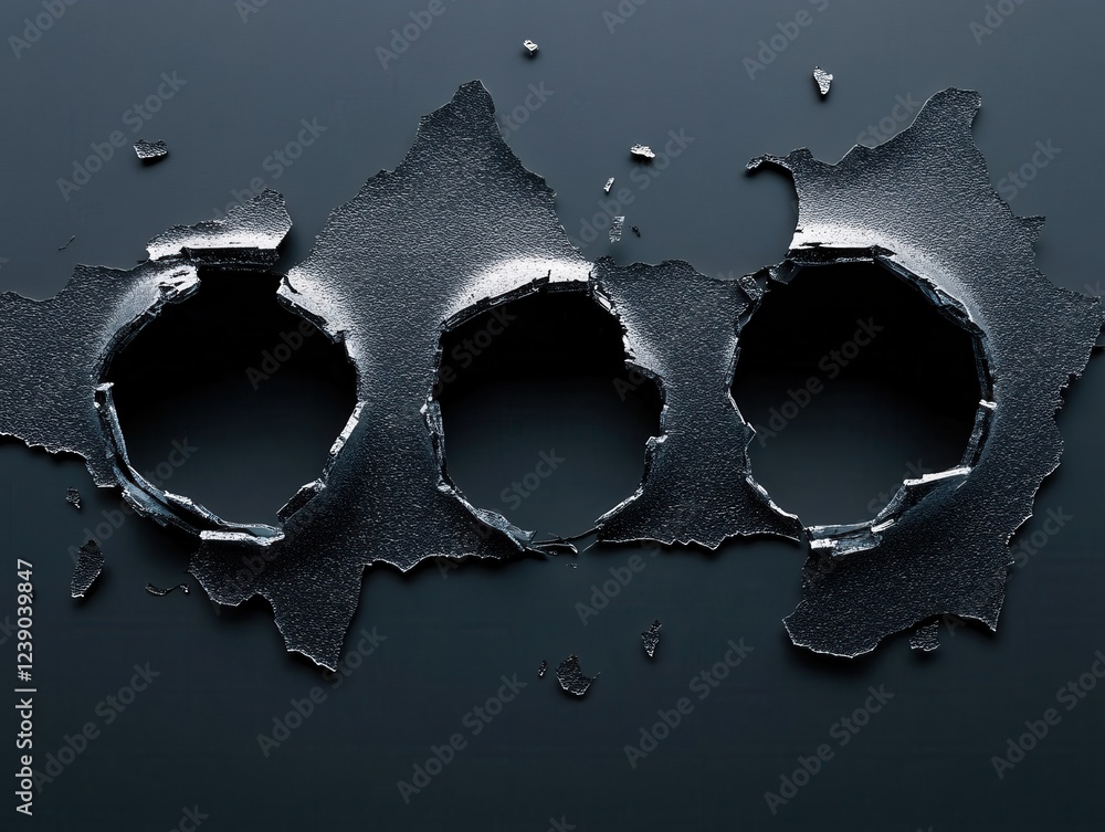 Poster three round holes in dark surface with shattered edges and small fragments around them