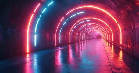 Futuristic Cyberpunk Interior with Curved Neon Lights and Reflective Surfaces in 360 Degree Panorama